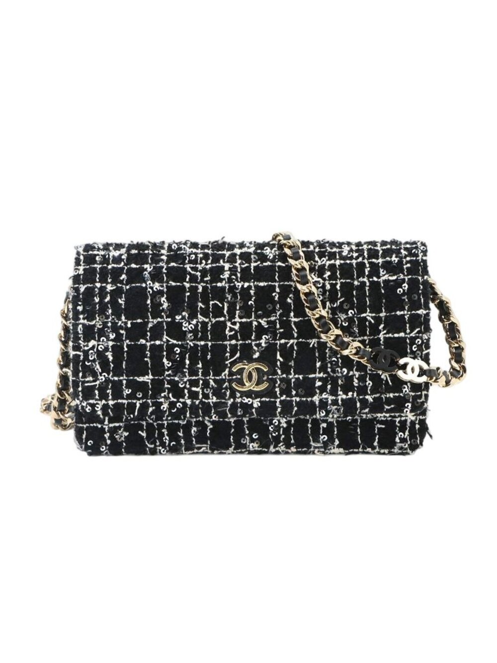 Chanel Quilted Chain Wallet Tweed Leather Sequin Black Gold Shoulder Bag